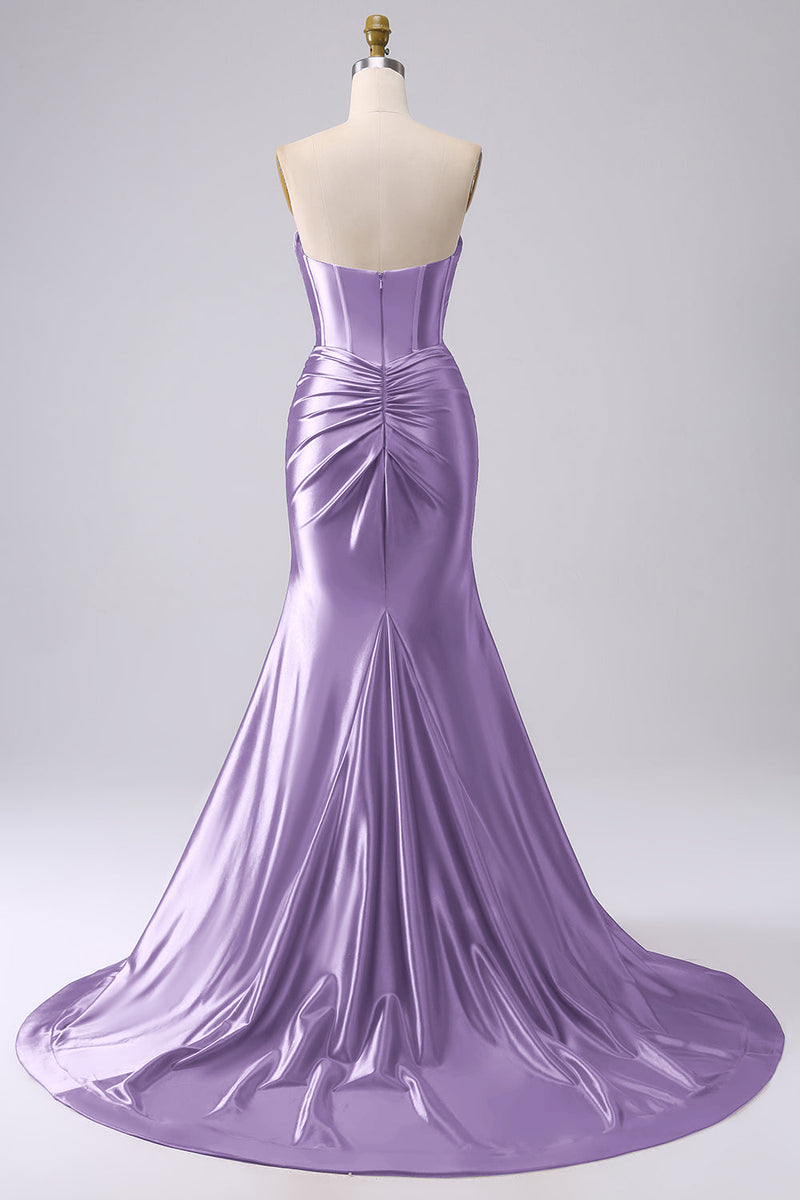 Laden Sie das Bild in den Galerie-Viewer, Fuchsia Trägerloses Satin Meerjungfrauen Korsett Langes Übergröße Ballkleid mit Schlitz