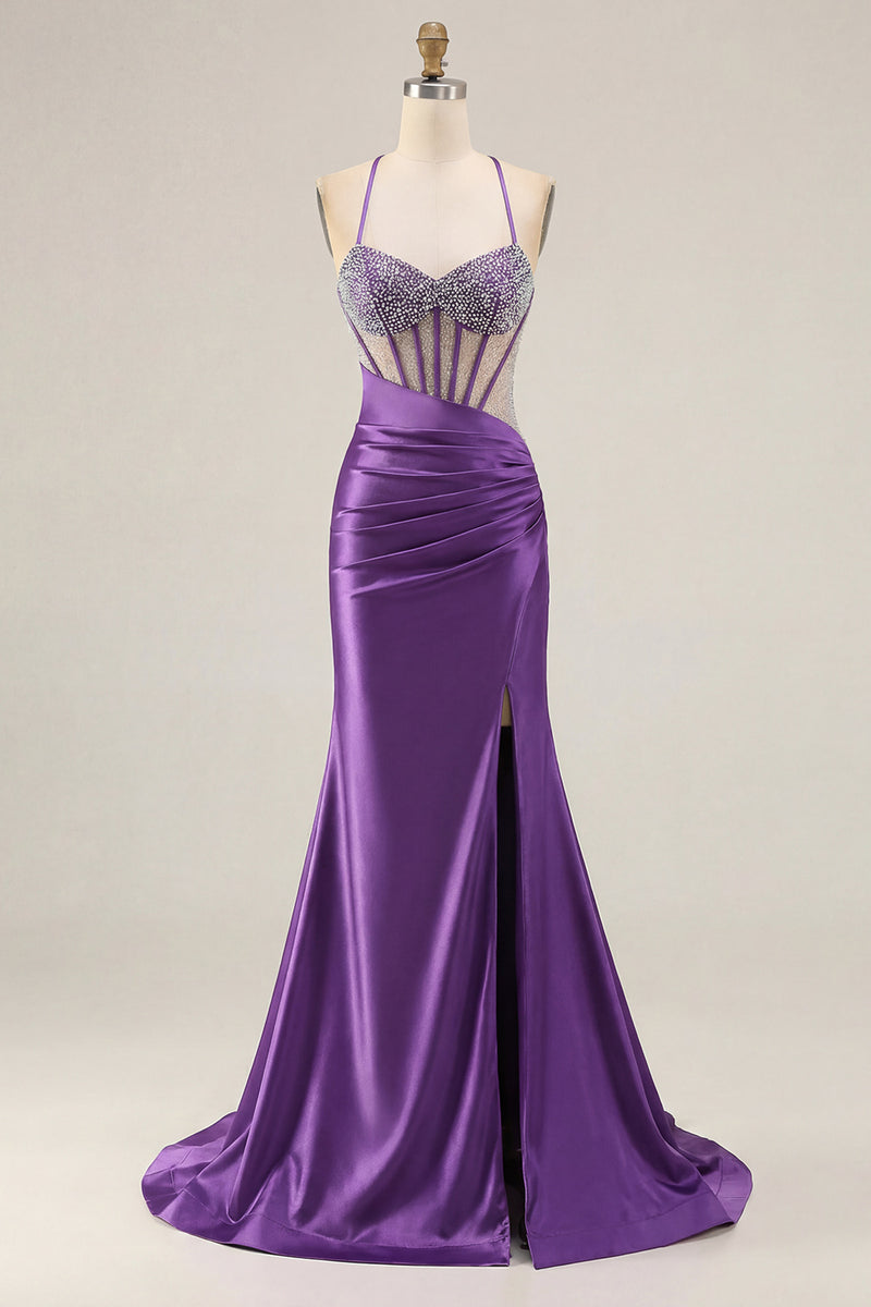 Laden Sie das Bild in den Galerie-Viewer, Rosa Perlen Meerjungfrauen Spaghettiträger Korsett Gerafftes Langes Ballkleid mit Schlitz
