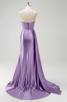 Laden Sie das Bild in den Galerie-Viewer, Marineblaues Meerjungfrau Watteau Train Korsett V-Ausschnitt Perlenbesetztes Ballkleid mit Schlitz