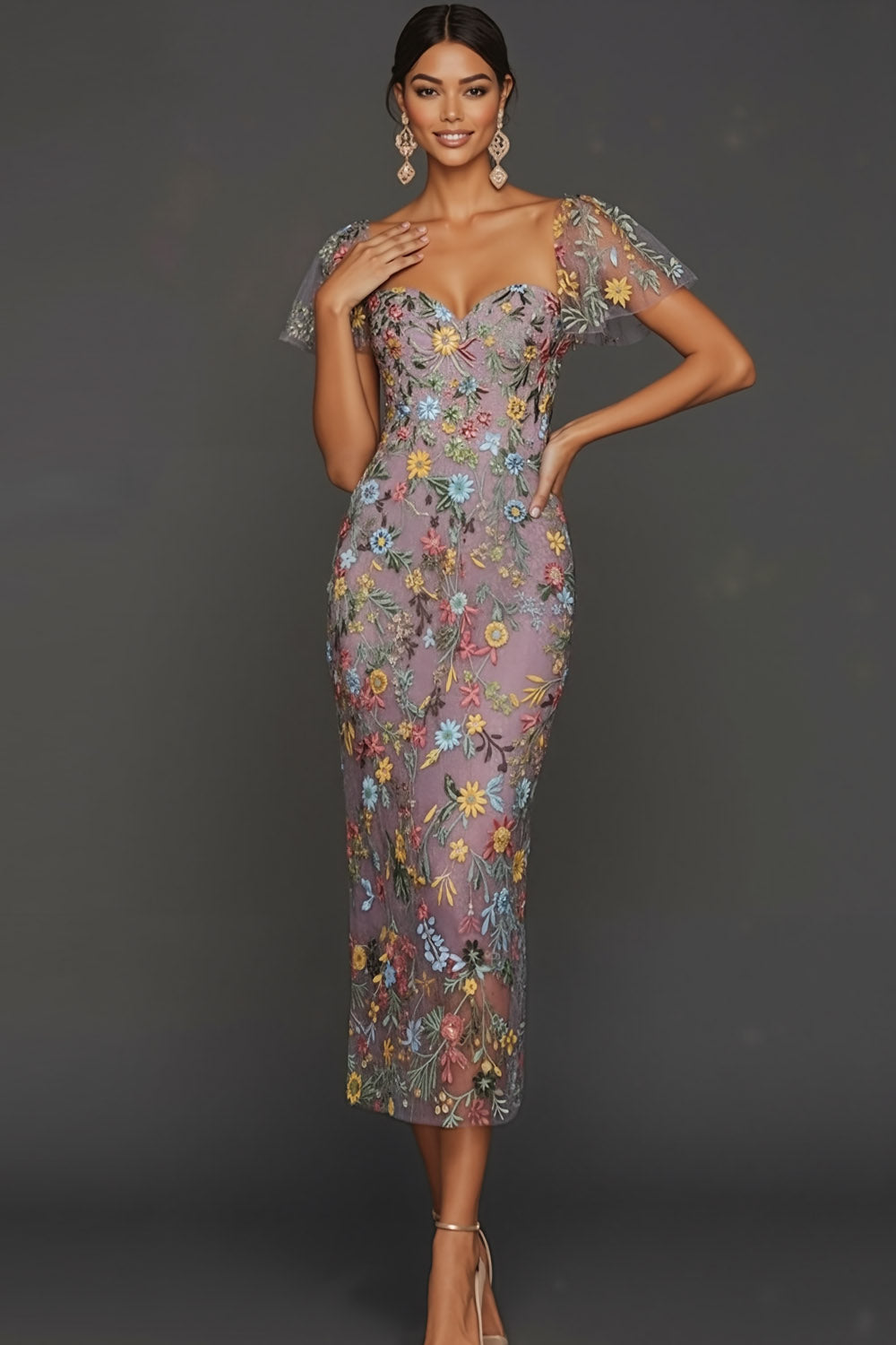 Mauve Blumen Tüll Scheide Midi Hochzeitsgast Kleid mit Ärmeln