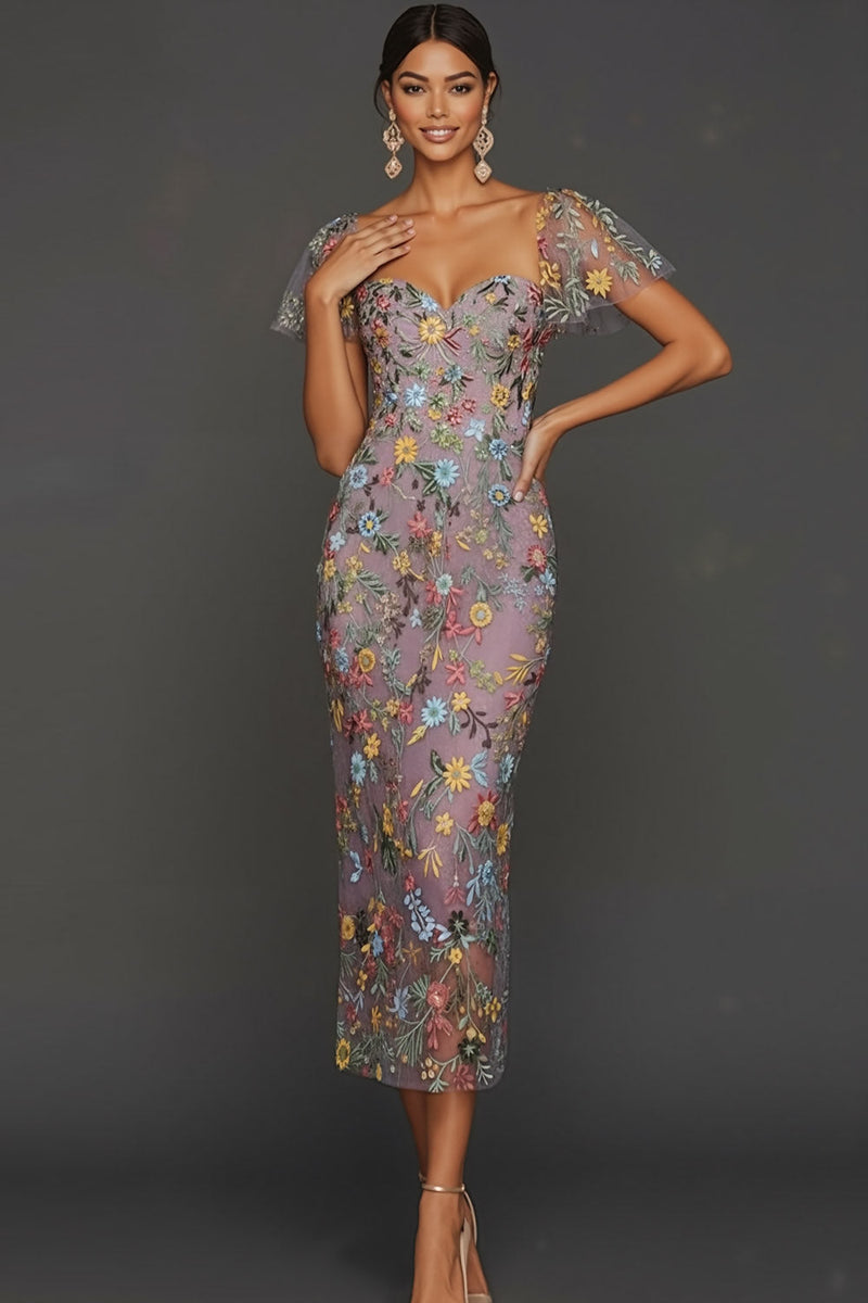 Laden Sie das Bild in den Galerie-Viewer, Mauve Blumen Tüll Scheide Midi Hochzeitsgast Kleid mit Ärmeln