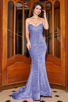 Laden Sie das Bild in den Galerie-Viewer, Langes Meerjungfrau Herzausschnitt Fuchsia Pailletten Ballkleid