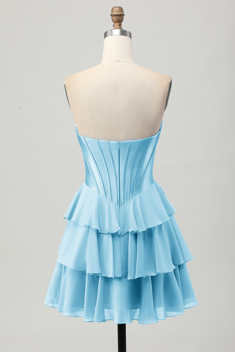 Laden Sie das Bild in den Galerie-Viewer, Fuchsia Kurzes A-Linie Trägerloses Korsett Gestuftes Cocktailkleid