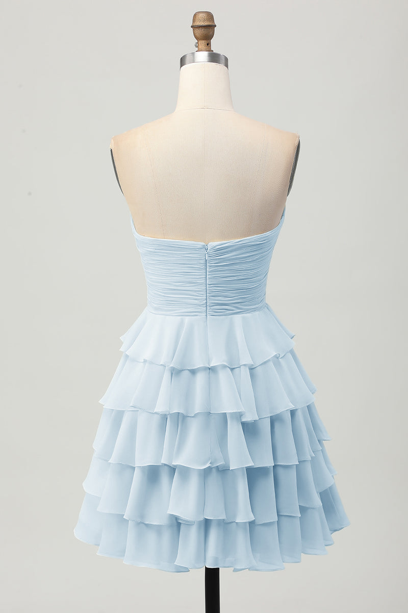 Laden Sie das Bild in den Galerie-Viewer, Gelbes Trägerloses A-Linie Stufen Cocktailkleid mit Schleife