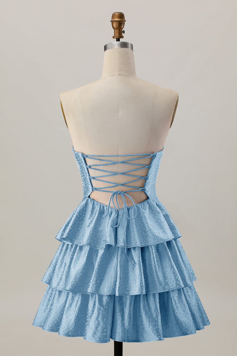 Laden Sie das Bild in den Galerie-Viewer, Orange A-Linie Trägerloses Gestuftes Abiballkleid mit Perlenstickerei