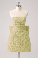 Laden Sie das Bild in den Galerie-Viewer, Dunkelgrünes Trägerloses Kurzes Cocktailkleid aus Blumenbrokat mit riesiger Schleife