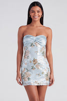 Laden Sie das Bild in den Galerie-Viewer, Hellrosa Bodycon Trägerloses Mini Kurzes Abendkleid mit Pailletten