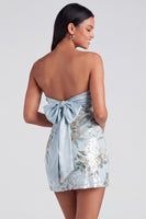 Laden Sie das Bild in den Galerie-Viewer, Hellrosa Bodycon Trägerloses Mini Kurzes Abendkleid mit Pailletten