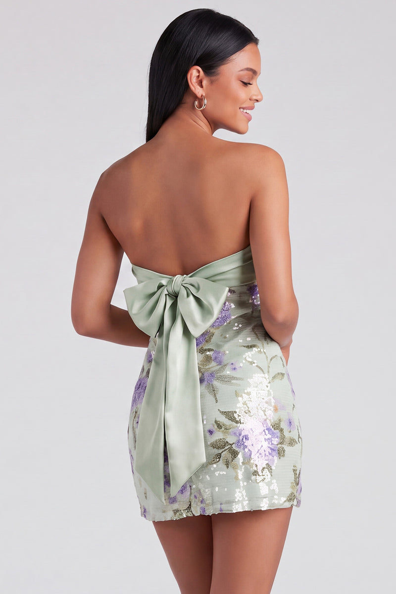 Laden Sie das Bild in den Galerie-Viewer, Hellrosa Bodycon Trägerloses Mini Kurzes Abendkleid mit Pailletten