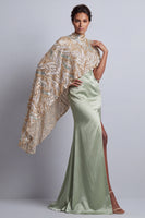 Laden Sie das Bild in den Galerie-Viewer, Champagner-Meerjungfrau-Satin-Kleid der Mutter der Braut mit abnehmbarem Umhang
