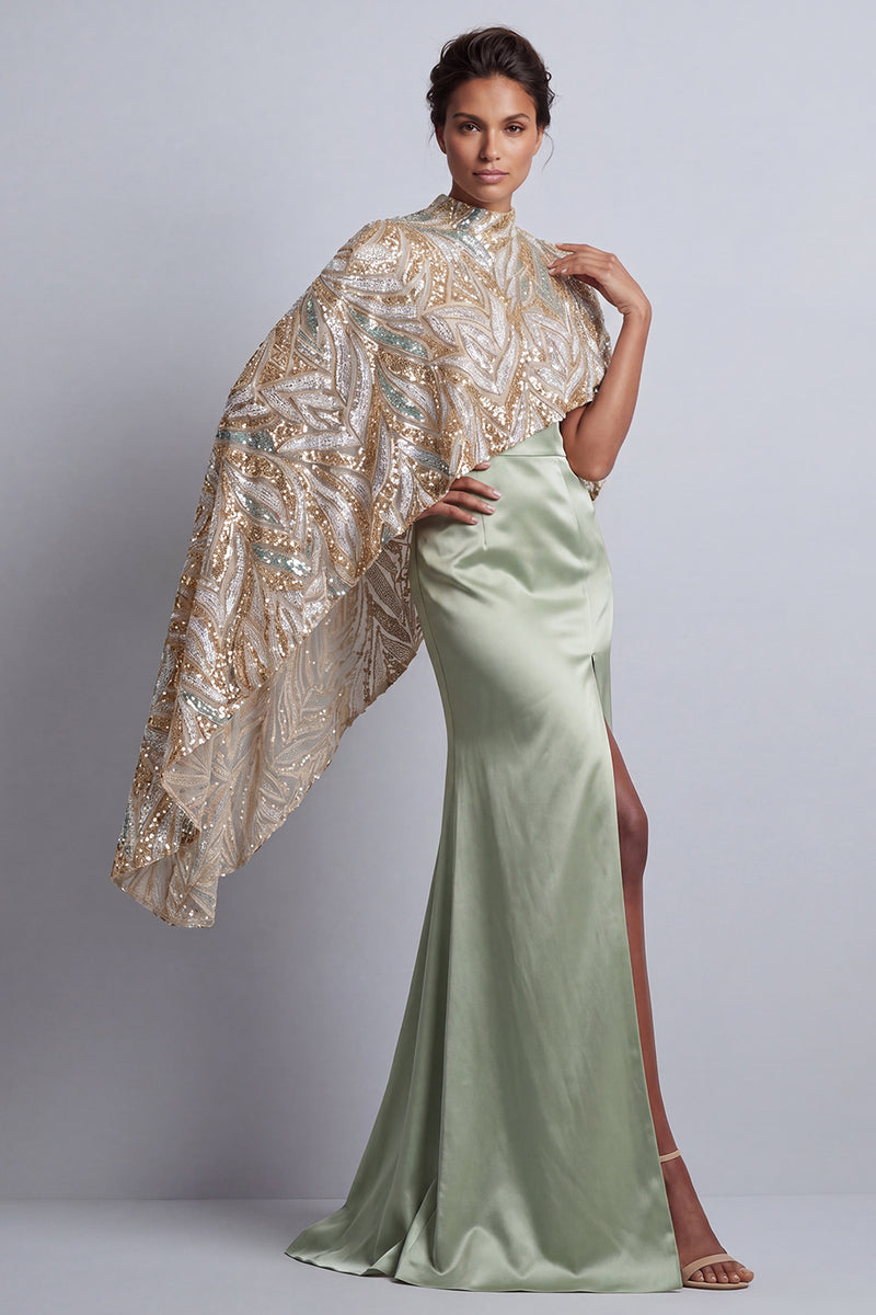 Laden Sie das Bild in den Galerie-Viewer, Champagner-Meerjungfrau-Satin-Kleid der Mutter der Braut mit abnehmbarem Umhang