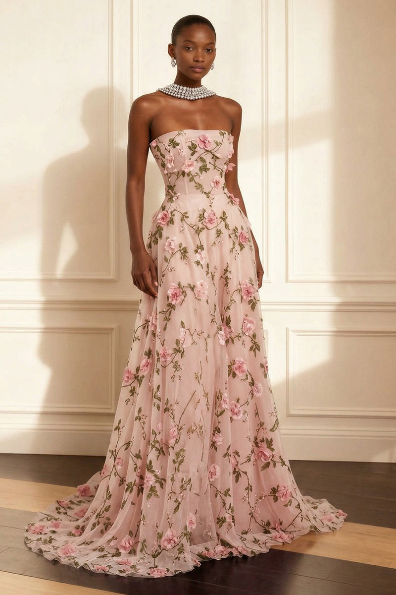 Laden Sie das Bild in den Galerie-Viewer, Lila Trägerloses Appliziertes Langes Ballkleid in A-Linie mit 3D-Blumen
