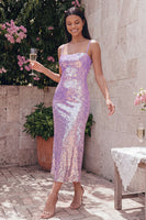 Laden Sie das Bild in den Galerie-Viewer, Glitzerndes Goldenes Bodycon Spaghetti-Träger Midi-Kleid mit Pailletten
