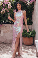 Laden Sie das Bild in den Galerie-Viewer, Glitzerndes Goldenes Bodycon Neckholder Maxi Paillettenkleid mit Schlitz