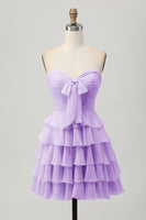 Laden Sie das Bild in den Galerie-Viewer, Gelbes Trägerloses A-Linie Stufen Cocktailkleid mit Schleife