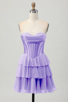 Laden Sie das Bild in den Galerie-Viewer, Fuchsia Kurzes A-Linie Trägerloses Korsett Gestuftes Cocktailkleid