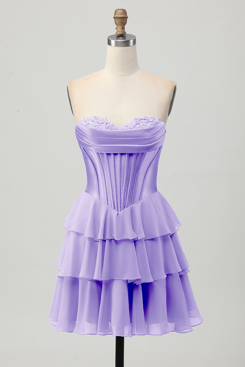 Laden Sie das Bild in den Galerie-Viewer, Fuchsia Kurzes A-Linie Trägerloses Korsett Gestuftes Cocktailkleid