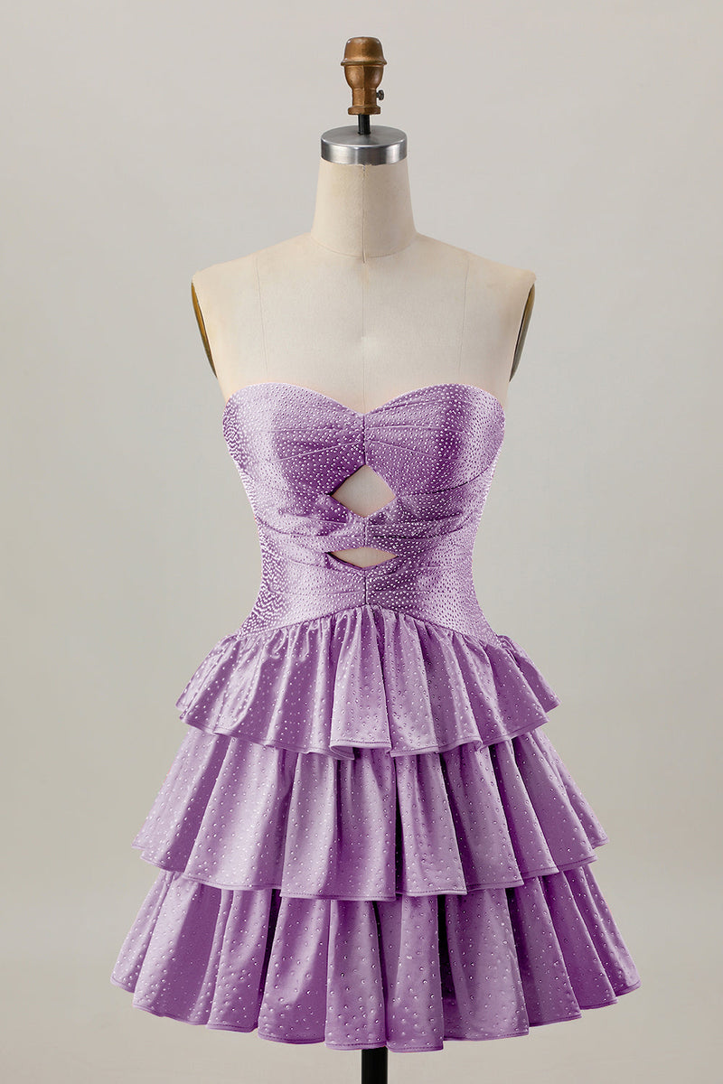 Laden Sie das Bild in den Galerie-Viewer, Orange A-Linie Trägerloses Gestuftes Abiballkleid mit Perlenstickerei