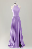 Laden Sie das Bild in den Galerie-Viewer, Grau Blau A-Linie Neckholder Langes Brautjungfernkleid mit Schlitz