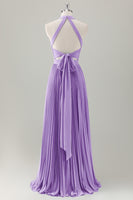 Laden Sie das Bild in den Galerie-Viewer, Grau Blau A-Linie Neckholder Langes Brautjungfernkleid mit Schlitz