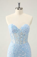 Laden Sie das Bild in den Galerie-Viewer, Hellblaues Korsett Pailletten Schatz Kurzes enges Abiballkleid mit Schnürung am Rücken