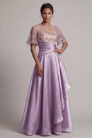 Laden Sie das Bild in den Galerie-Viewer, Florales dunkelviolettes Kurzärmel-A-Linie Mutter-der-Braut-Kleid