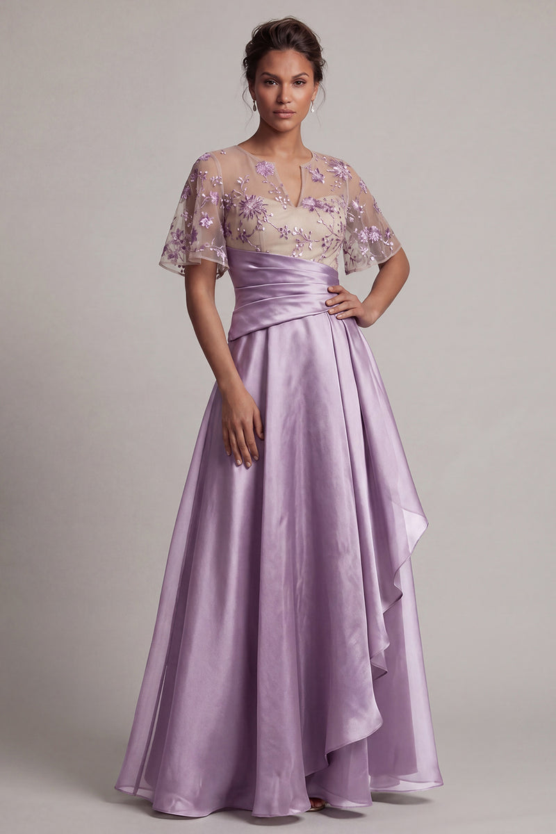 Laden Sie das Bild in den Galerie-Viewer, Florales dunkelviolettes Kurzärmel-A-Linie Mutter-der-Braut-Kleid