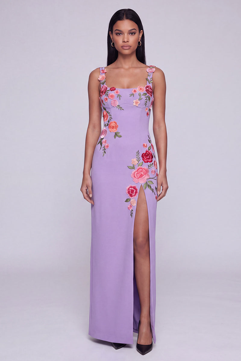 Laden Sie das Bild in den Galerie-Viewer, Schwarzes Florales Quadrathals Scheiden Langes Festliches Kleid mit Schlitz