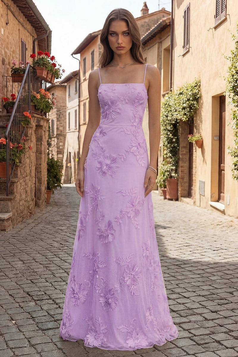 Laden Sie das Bild in den Galerie-Viewer, Gelbes A-Linie Spaghetti-Träger Rückenschnürung Langes Abschlussballkleid mit Blumenstickerei