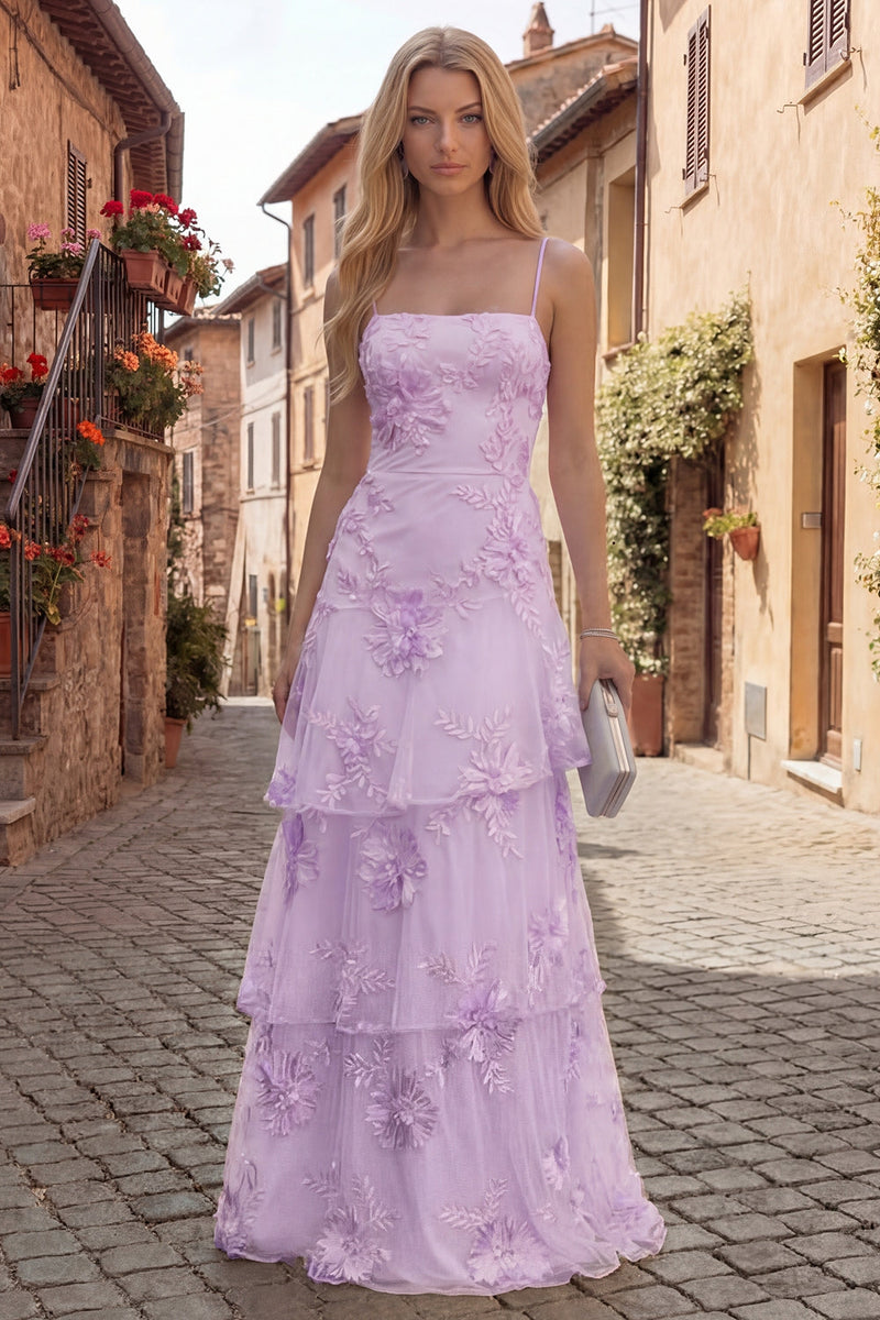 Laden Sie das Bild in den Galerie-Viewer, Gelbes A-Linie Langes Gestuftes Abschlussballkleid mit Spaghettiträger und floraler Stickerei