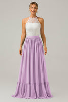 Laden Sie das Bild in den Galerie-Viewer, Blush Rosa Schlüsselloch Boho Chiffon Langes Brautjungfernkleid mit Spitze