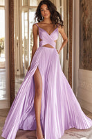 Laden Sie das Bild in den Galerie-Viewer, A Linie Rosa Plissee Ballkleid mit V-Ausschnitt und Schlitz