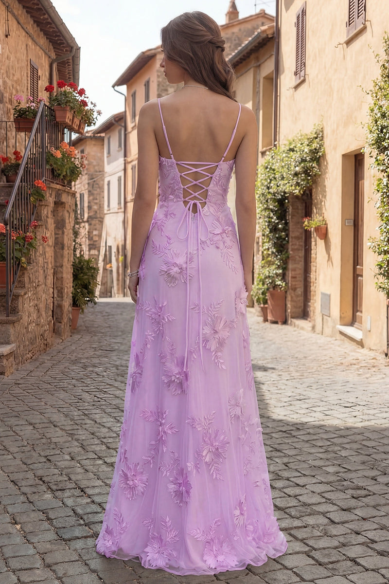 Laden Sie das Bild in den Galerie-Viewer, Gelbes A-Linie Spaghetti-Träger Rückenschnürung Langes Abschlussballkleid mit Blumenstickerei