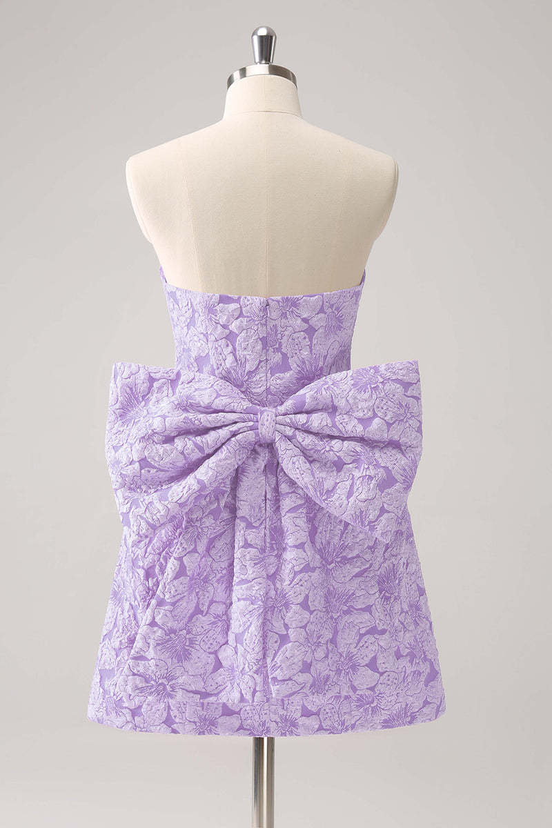 Laden Sie das Bild in den Galerie-Viewer, Fuchsia A Linie Blumen trägerloses kurzes Abiballkleid mit Schleife