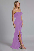 Laden Sie das Bild in den Galerie-Viewer, Schwarzes Schulterfreies Gerüschtes Langes Ballkleid mit Schlitz