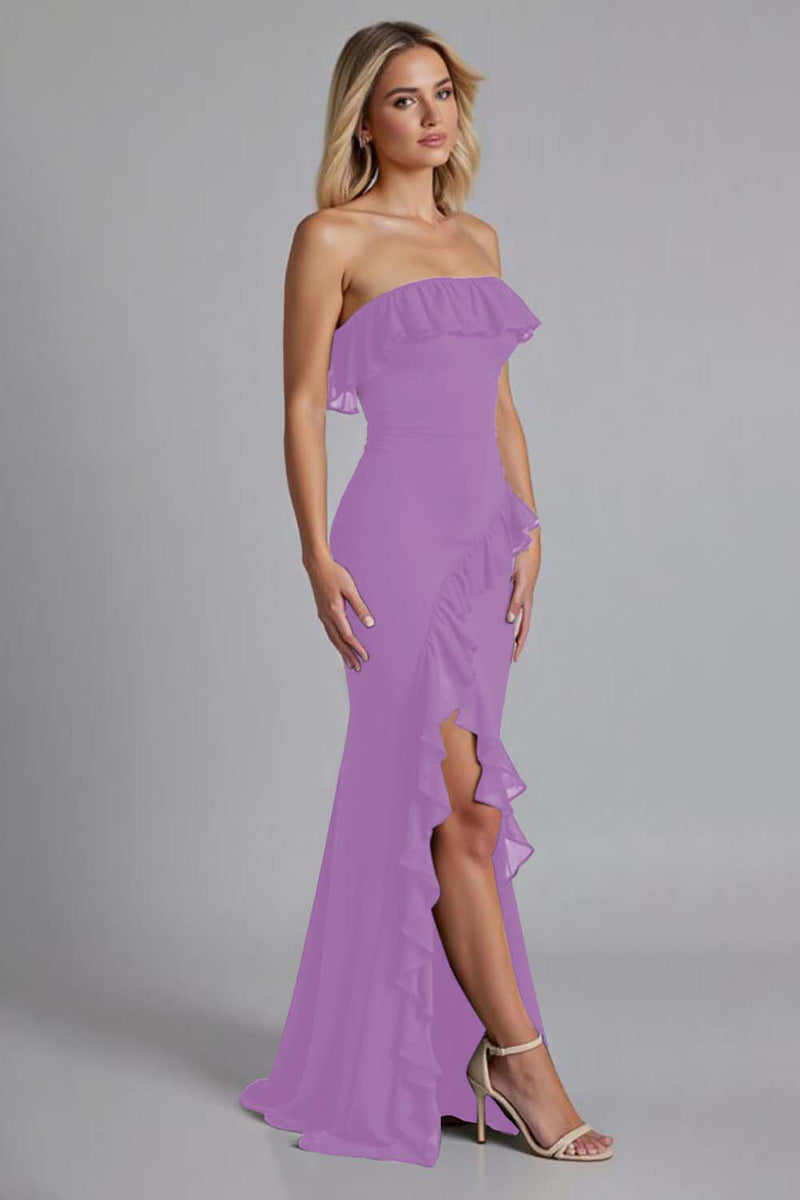 Laden Sie das Bild in den Galerie-Viewer, Schwarzes Schulterfreies Gerüschtes Langes Ballkleid mit Schlitz