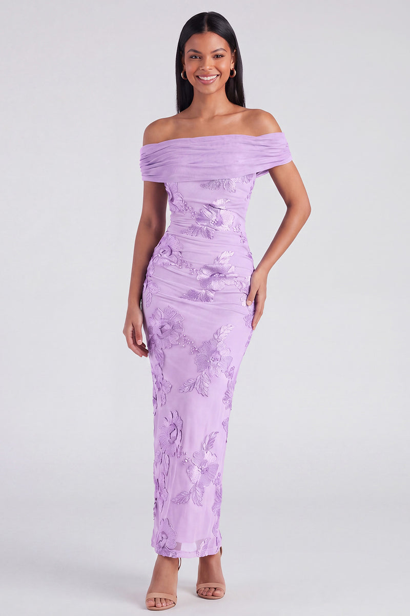 Laden Sie das Bild in den Galerie-Viewer, Off-the-shoulder gelbes, bodycon-appliquiertes Maxi-Blumenkleid mit Schlitz
