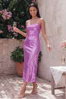 Laden Sie das Bild in den Galerie-Viewer, Glitzerndes Goldenes Bodycon Spaghetti-Träger Midi-Kleid mit Pailletten