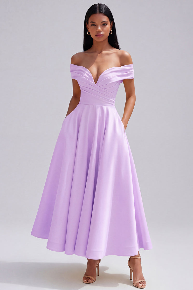 Laden Sie das Bild in den Galerie-Viewer, Off-the-shoulder gelbes, gerafftes A-Linien-Maxikleid mit Taschen