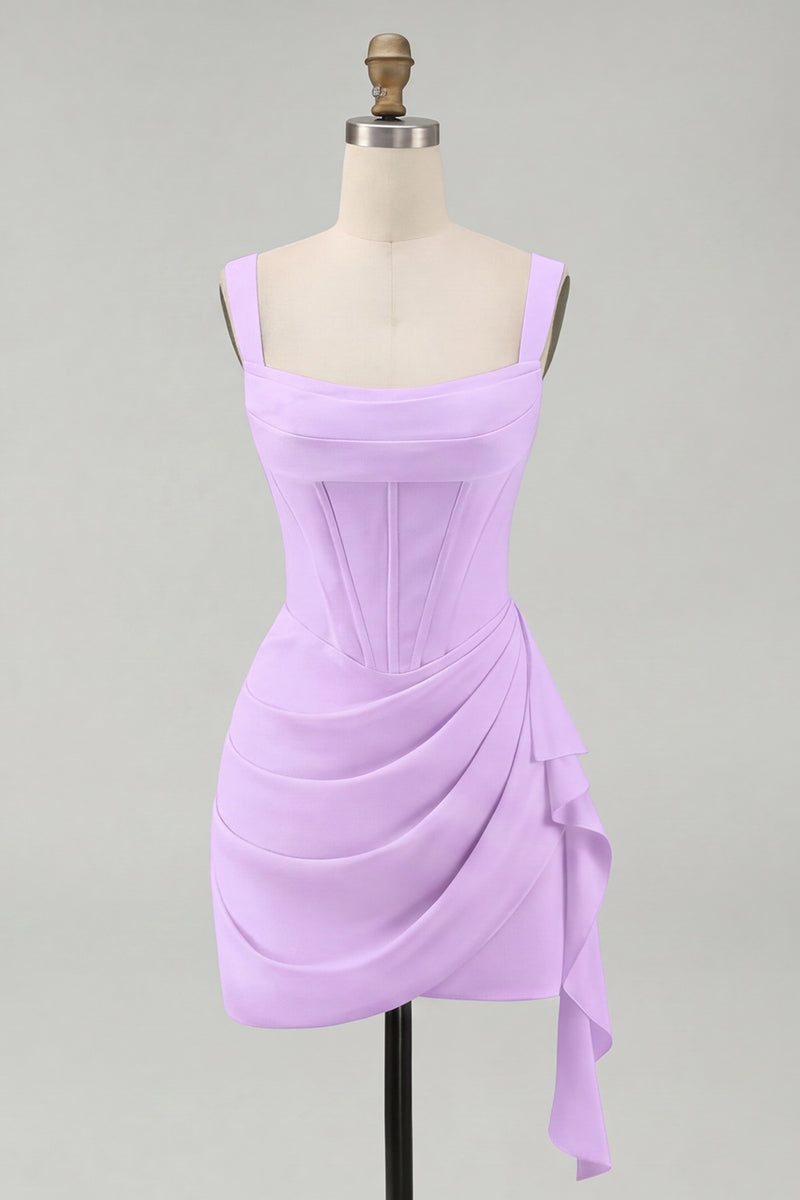 Laden Sie das Bild in den Galerie-Viewer, Tüll Elfenbein Korsett Quadratischer Ausschnitt Gerafftes Bodycon Mini Standesamt Kleid mit Rüschen