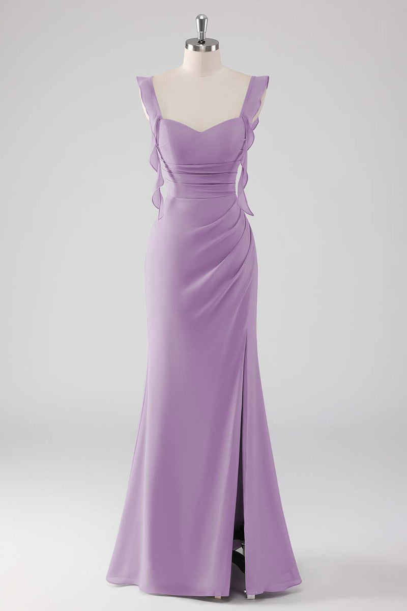 Laden Sie das Bild in den Galerie-Viewer, Salbeigrünes Langes Rüschen Brautjungfernkleid mit Schnürung und Schlitz