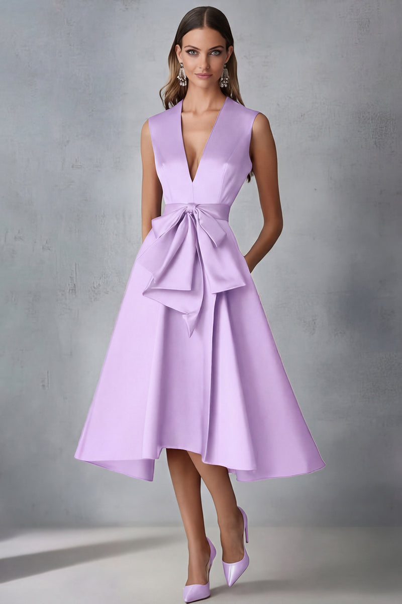 Laden Sie das Bild in den Galerie-Viewer, Fuchsia Satin V-Ausschnitt A-Linie Kleid für Hochzeitsgäste