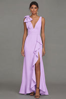Laden Sie das Bild in den Galerie-Viewer, Dunkelgrünes V-Ausschnitt mit Rüschen und langem Festkleid mit Rüschen und Schlitz