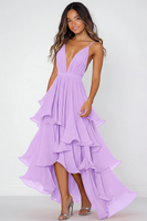Laden Sie das Bild in den Galerie-Viewer, Rotes Gestuftes Ballkleid aus Chiffon mit Spaghettiträgern und Rüschen