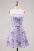 Laden Sie das Bild in den Galerie-Viewer, Trägerloses Rosa A-Linie Blumen Pailletten Kurzes Abendkleid