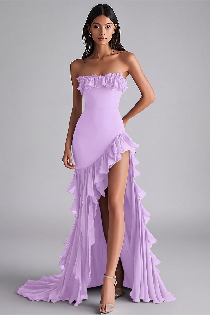 Laden Sie das Bild in den Galerie-Viewer, Schwarzes Meerjungfrau Trägerloses Ballkleid mit Rüschen und Schlitz