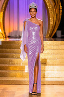 Laden Sie das Bild in den Galerie-Viewer, Glitzerndes Dunkelgrünes Pailletten Meerjungfrauen Einschulter Ballkleid mit Schlitz