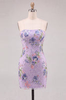 Laden Sie das Bild in den Galerie-Viewer, Rosa Bodycon Trägerloses Blumen Pailletten Kurzes Abendkleid