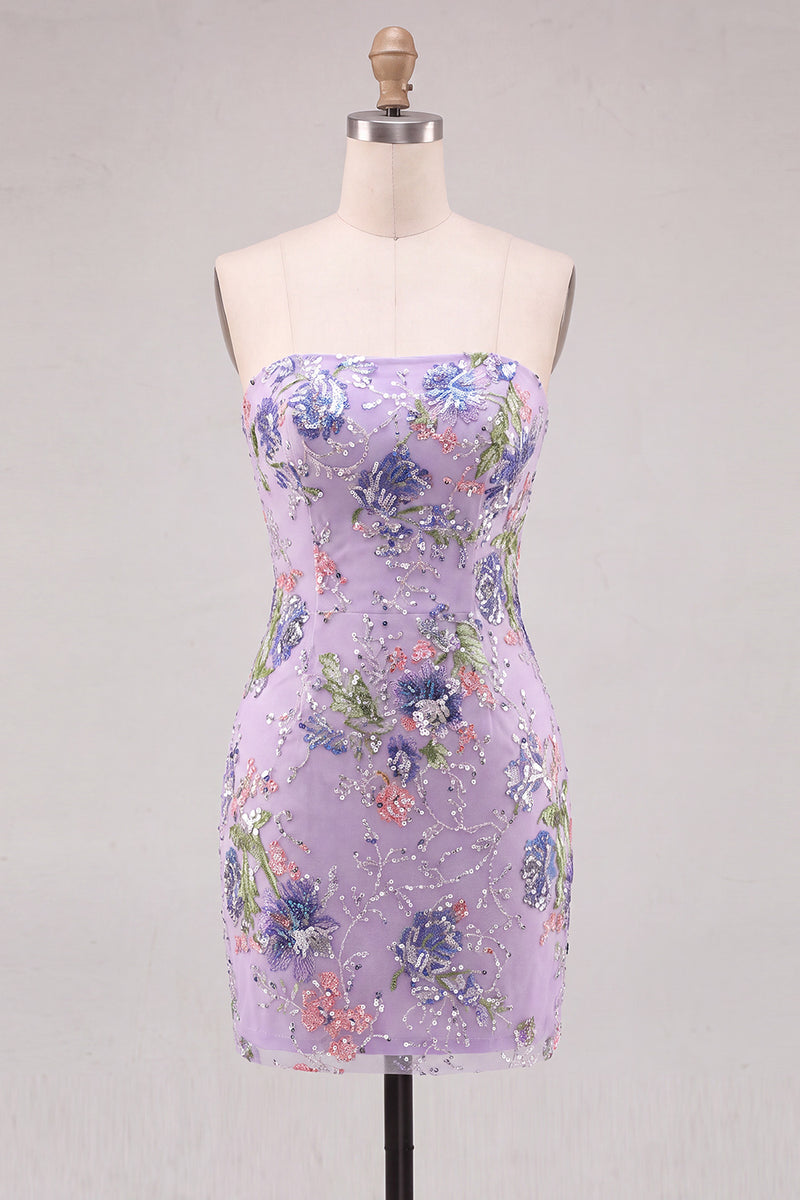 Laden Sie das Bild in den Galerie-Viewer, Rosa Bodycon Trägerloses Blumen Pailletten Kurzes Abendkleid