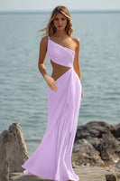 Laden Sie das Bild in den Galerie-Viewer, Weißes Etui Langes Boho Strandkleid mit einer Schulter und Rüschen